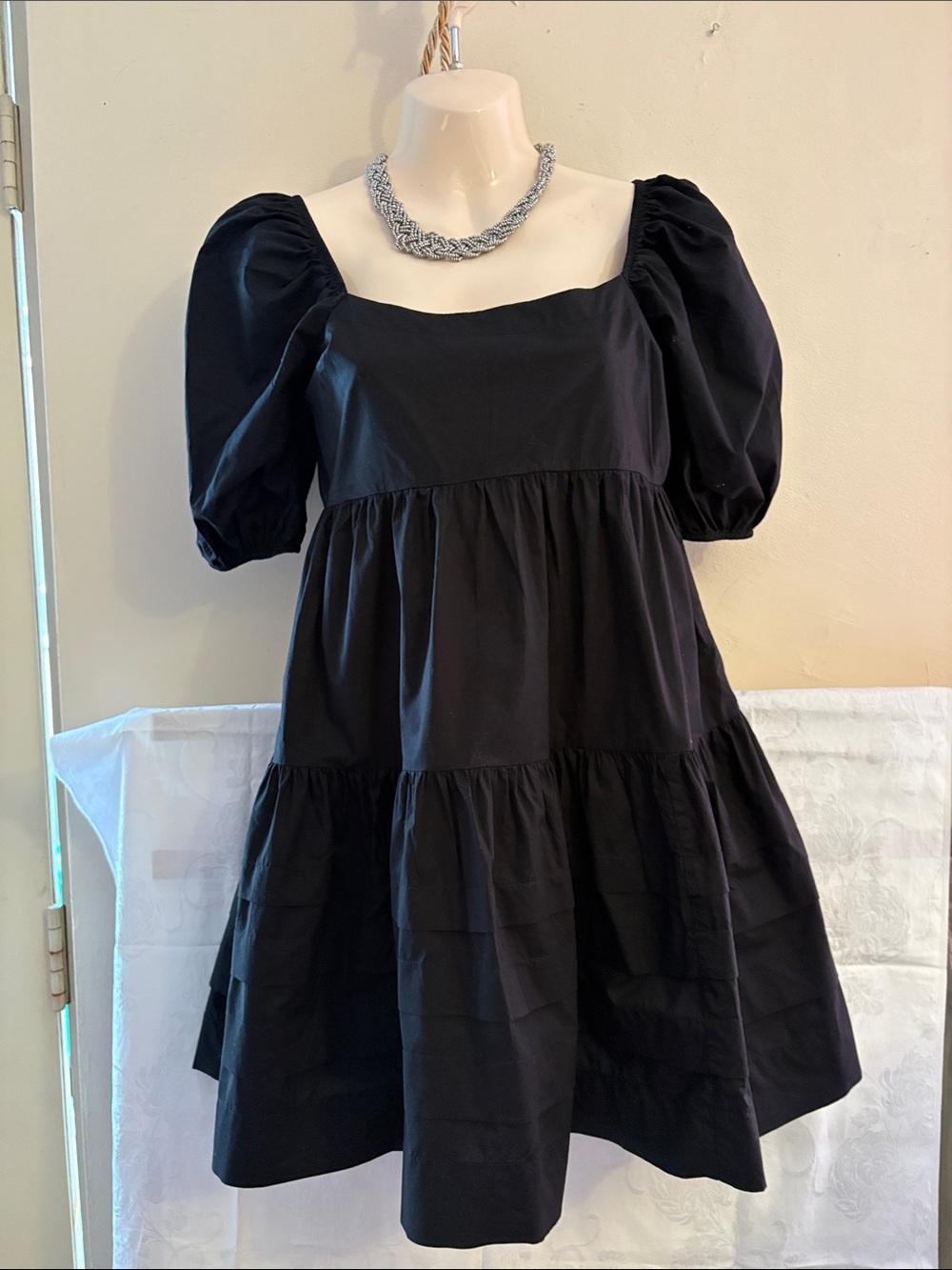 American Eagle Outfitters Black Puff Sleeve Tiered Mini Dress with Square Neck.